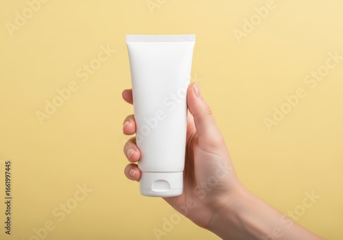 White cosmetic tube held in a hand studio shot against a pale yellow background