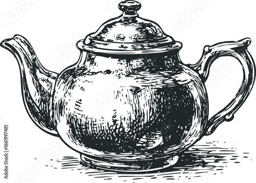 Intricate Sketch of a Vintage Metal Teapot on White Background