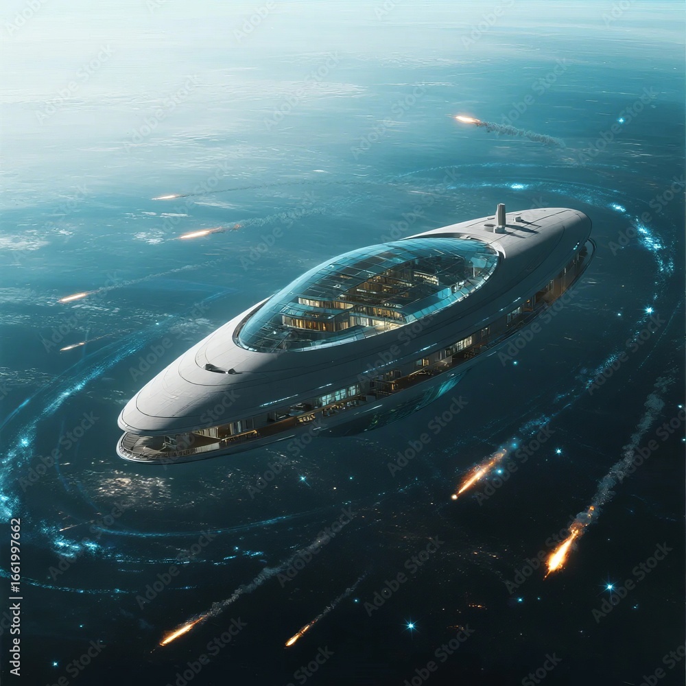 Obraz premium Futuristic Spacecraft Hovering Over a Cosmic Landscape