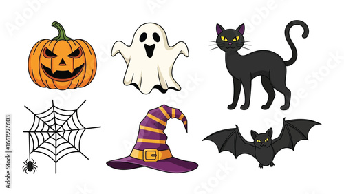 Spooky Halloween Icons: A collection of iconic Halloween symbols, with a jack-o'-lantern, a ghostly figure, a black cat, a spiderweb, a witch's hat, and a bat.
