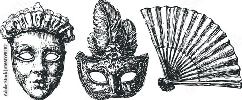 Hand drawn sketch of vintage masquerade mask and folding fan