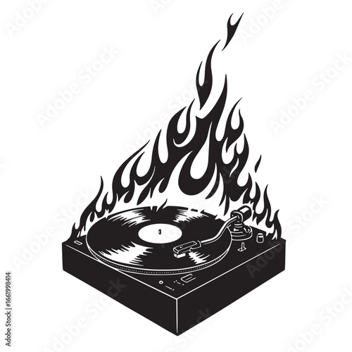 Burning vinyl record turntable illustration in black and white symbolizing hot music and passion