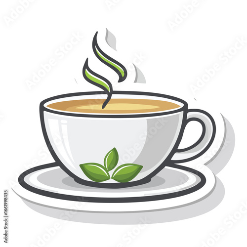 A detailed illustration of a white teacup with green tea, steam, and leaves on a saucer.