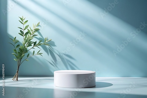 Minimal blue studio with white podium and green branch for presentation