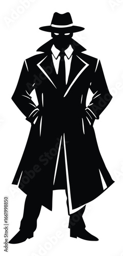 Mysterious man in trench coat and fedora standing strong in the dark silhouette