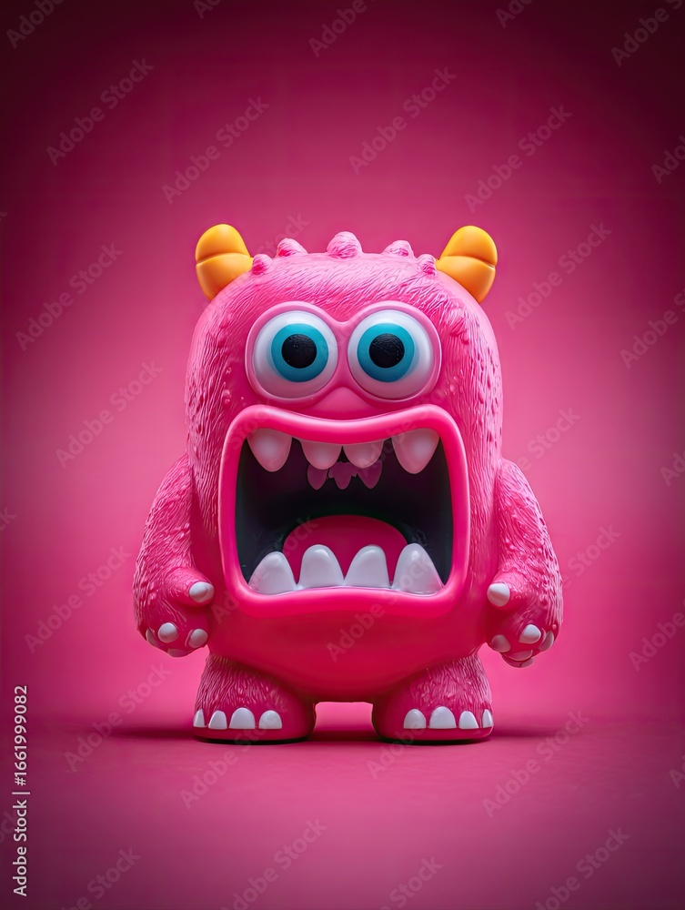 Fototapeta premium A vibrant pink monster toy with large eyes, a wide open mouth showing teeth, and small horns, set against a matching pink background, exudes a playful yet slightly menacing charm