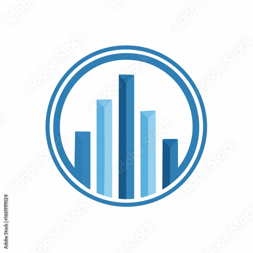 Sleek flat vector logo of rising blue bars forming a chart within a circle, symbolizing a modern corporate identity and financial growth.