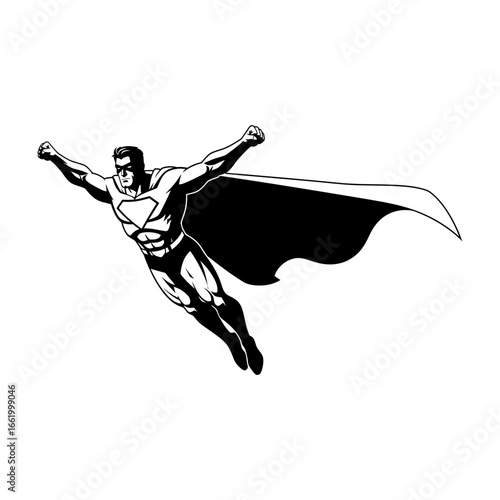 Heroic superhero flying with cape and emblem