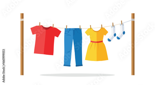 Vibrant clothing line illustration showcasing everyday apparel items drying outdoors featuring a red shirt, blue jeans, yellow dress and striped