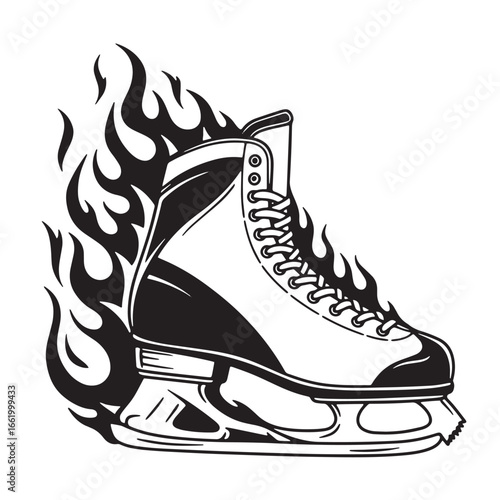 Dynamic vector illustration of an ice skate surrounded by flaming fire effect