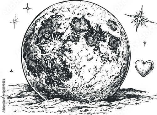 Stylized sketch of the moon with celestial bodies and a heart