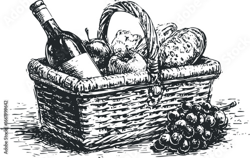 Wicker basket filled with wine bottle, bread, apples, and grapes