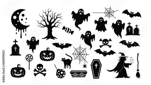 Spooky Halloween Silhouette Collection: A striking collection of black silhouettes that captures the essence of Halloween, featuring a whimsical array of classic symbols.