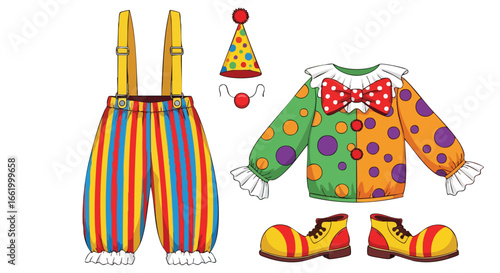 Illustrative depiction of a clown costume featuring pants, shirt, shoes, hat, and nose against a white background