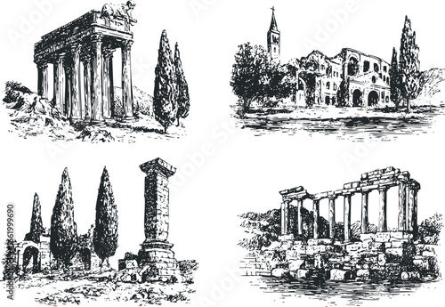 Antique Roman structures with stone columns and cypress trees depicted in a sketch
