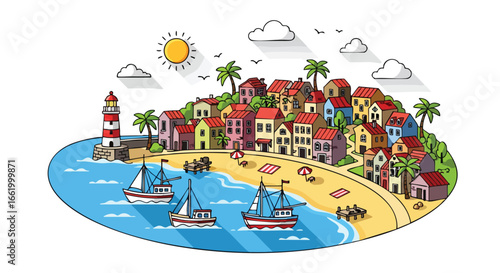 Coastal village illustration with lighthouse, sailboats, and colorful houses evokes a sense of summertime tranquility and idyllic seaside living