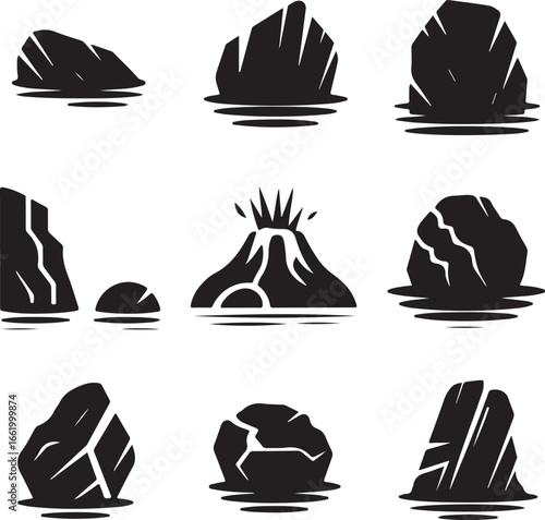 Jagged rocks and erupting volcano stone mountain