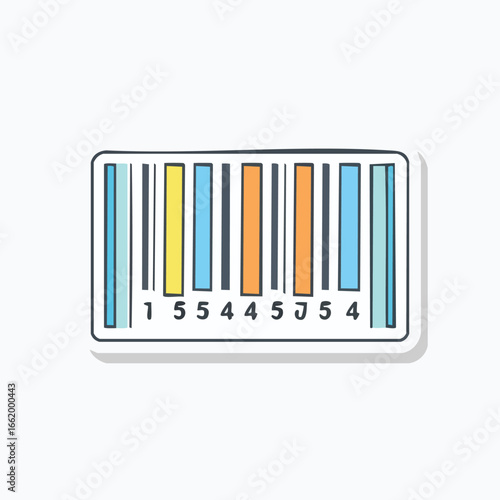 A colorful barcode sticker with vertical stripes and numerical characters.
