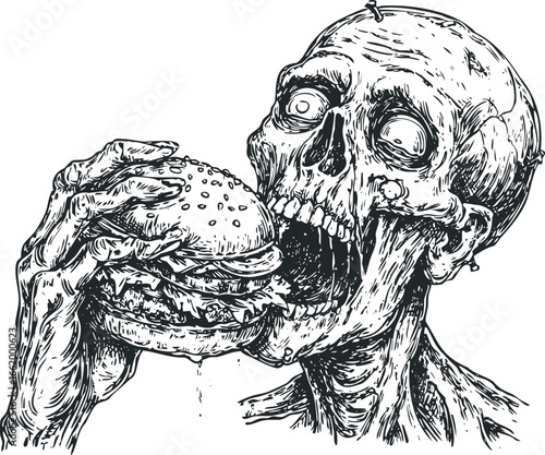 Disturbing Zombie Devouring a Hamburger with a Dramatic Sketch Style