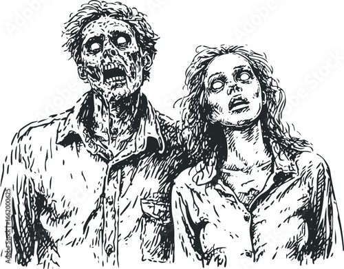 Sketch of two decaying undead figures with vacant stares