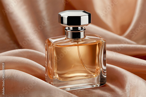 Clear glass perfume bottle with amber liquid and silver cap image