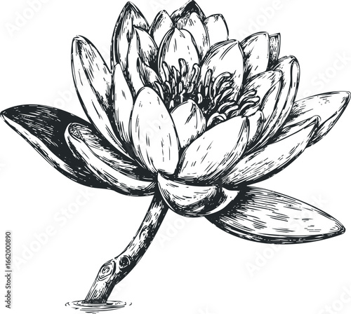 Hand Drawn Black and White Water Lily Sketch with Stem in Water