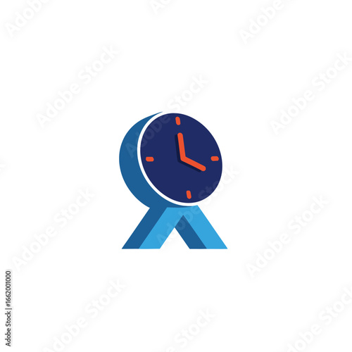 Stylized clock icon with blue frame and red hands on a white background.