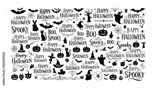 Spooky Halloween Elements: A festive arrangement of spooky and festive Halloween-themed illustrations, including pumpkins, bats, cats, and ghostly figures, perfect for invitations and decorations.