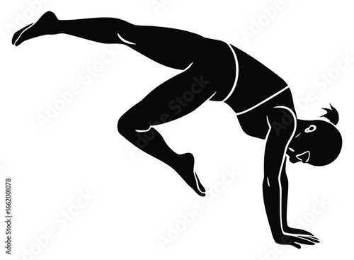 Silhouette of a flexible woman performing handstand artistic gymnastics acrobatics strong and balanced on white background