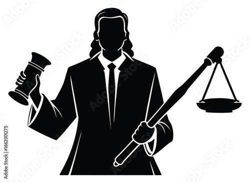 Silhouette of a judge holding a gavel and scales of justice representing law and order
