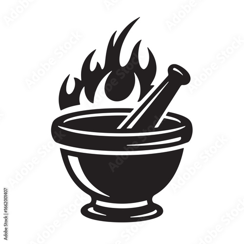 Illustration of a vintage apothecary mortar and pestle with stylized flame design