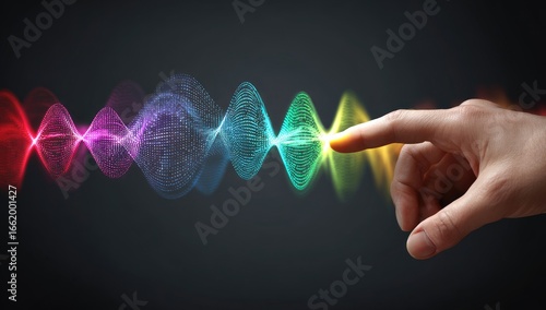 A hand interacts with vibrant, rainbow-hued, wave-like energy pulses, glowing brightly where the fingertip touches, set against a dark background
