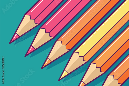 Vibrant colored pencils lined up on a teal background