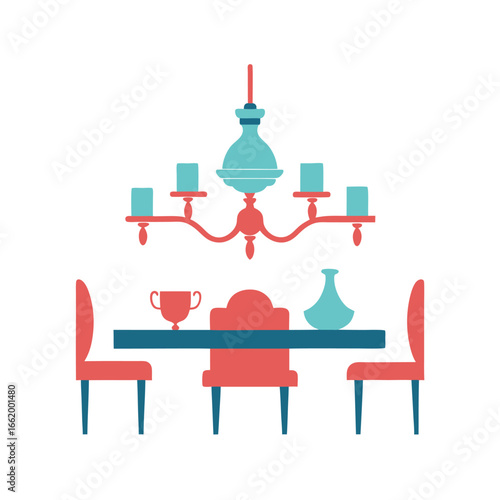 Elegant Dining Area with Chandelier and Wall Shelves Artwork