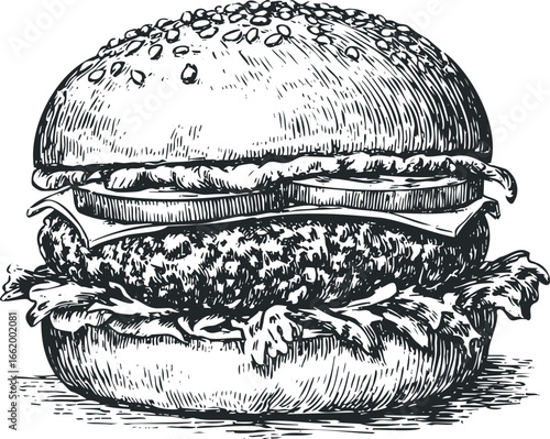 Detailed sketch of a sesame seed bun hamburger with lettuce and pickles