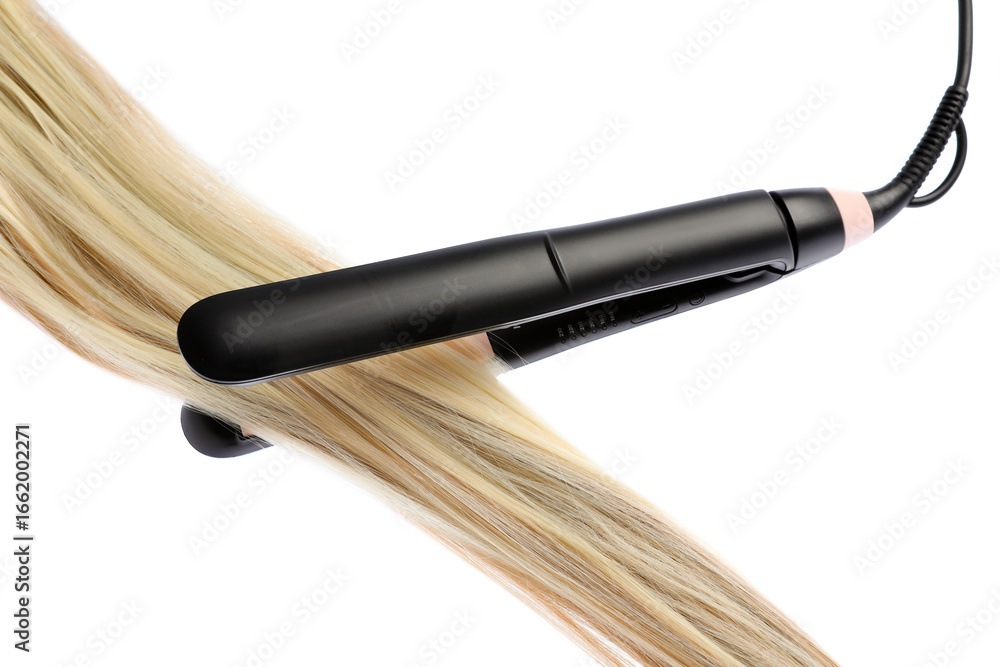 Naklejka premium Straightener with blonde hair lock isolated on white