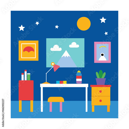 Kids Bedroom with Art Supplies on Table and Colorful Decor