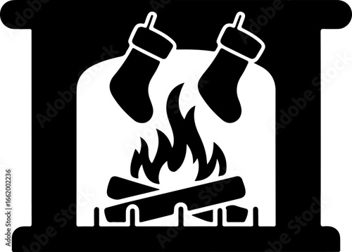 black silhouette of a cozy fireplace with visible logs burning and flames gently flickering