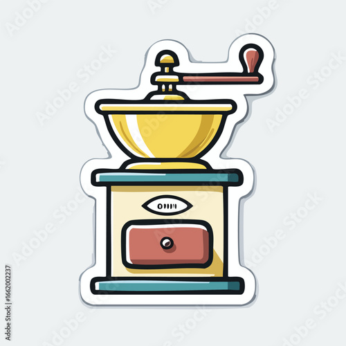 Cartoon illustration of a vintage coffee grinder with a crank handle and drawer.