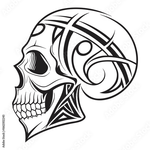 A vector illustration of a tribal tattoo skull design with symbolic animal art