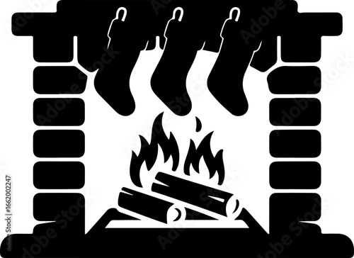 black silhouette of a cozy fireplace with visible logs burning and flames gently flickering