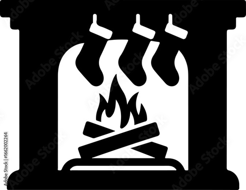 black silhouette of a cozy fireplace with visible logs burning and flames gently flickering