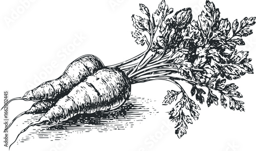 Black and white drawing of two fresh carrots with leafy green tops
