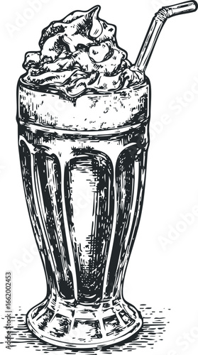 Hand Drawn Black and White Sketch of a Creamy Drink in a Tall Glass with Straw