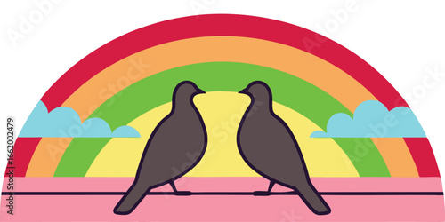 Two doves silhouetted against a colorful rainbow and sky