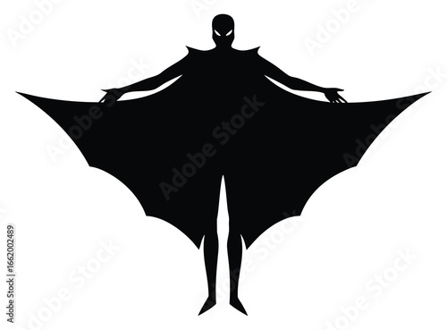 Silhouette of a mysterious figure with bat like cape spreading arms on white background