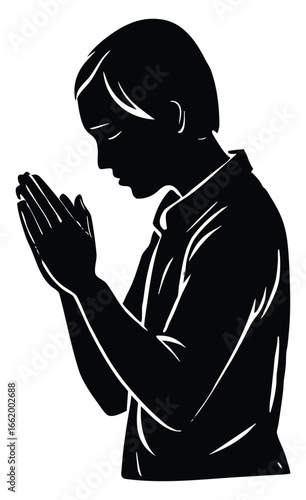 Silhouette of a person praying with hands clasped together in reverence and hope