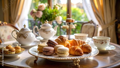 Wallpaper Mural Elegant Afternoon Tea Setting with Macarons and Croissants on Table Torontodigital.ca
