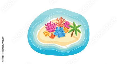 Tropical coral island paradise illustration with vibrant aquatic reefs and solitary palm tree serene isolated coast surrounded turquoise water