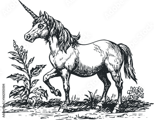 Mythical Unicorn Standing Near Foliage in Vintage Engraving Style